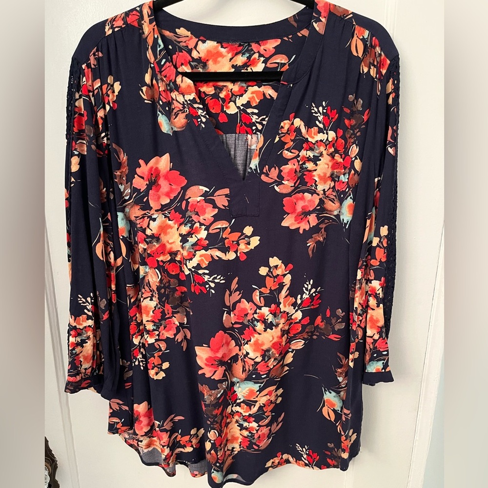 Torrid Navy Floral Twill Lace Trim Top